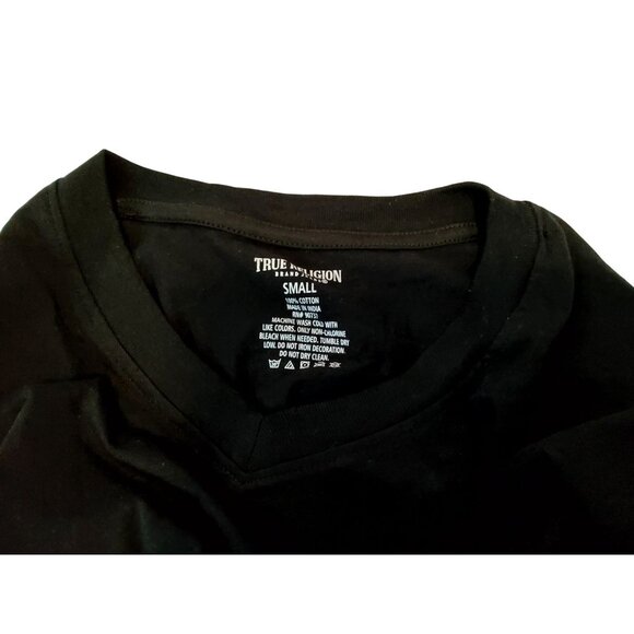 True Religion Black V-Neck T-Shirt With Gold Logo Accent Small 100% Cotton - Picture 1 of 6